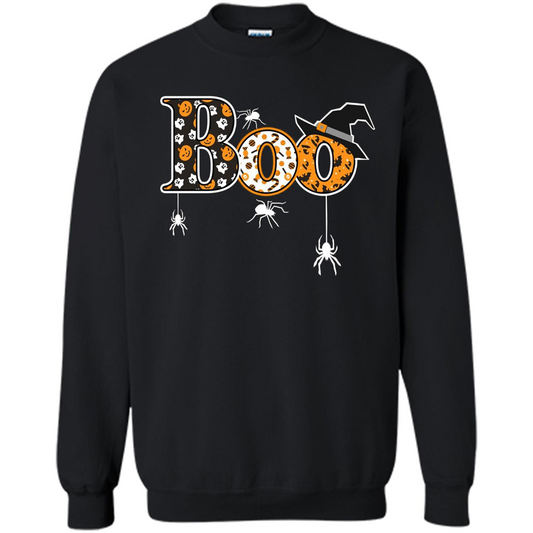 Boo Halloween T-Shirt With Spiders And Witch Hat Black