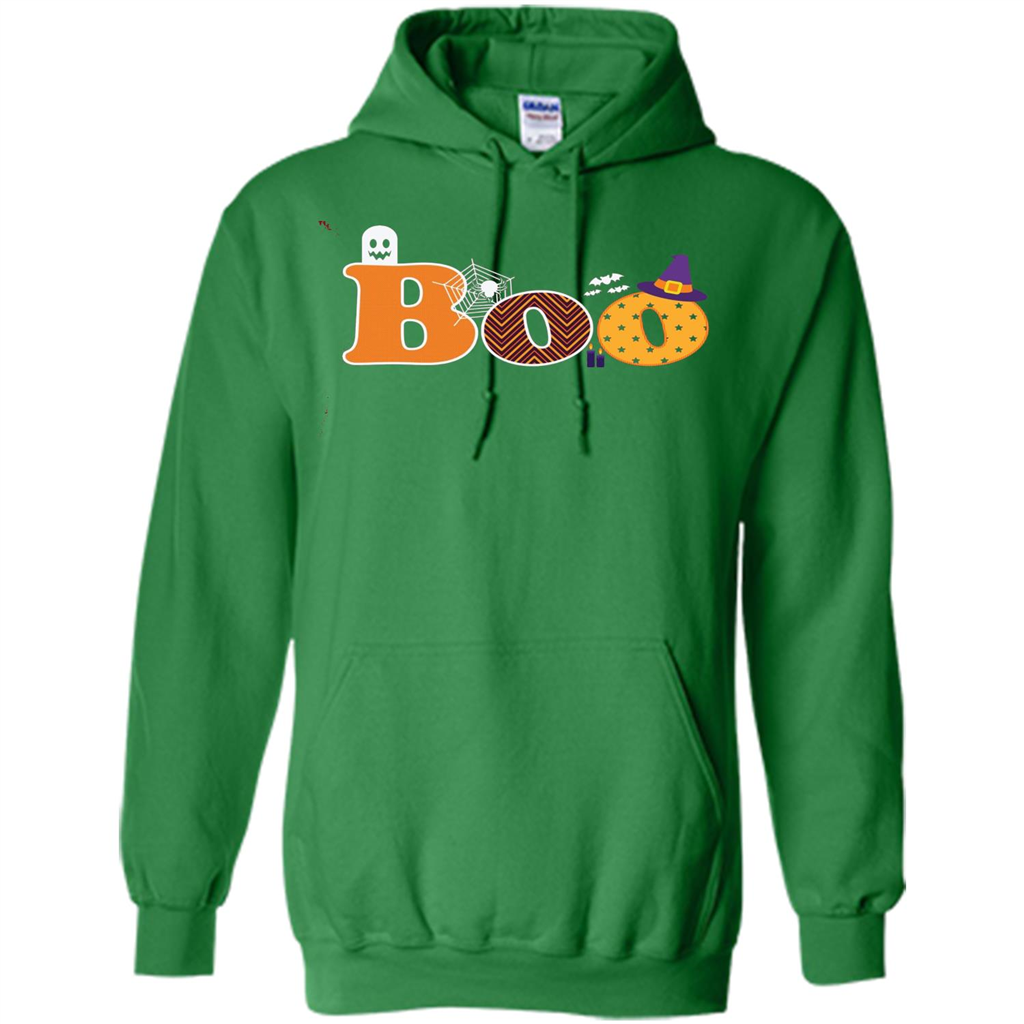 Boo Halloween T-Shirt With Ghost, Spider, Bat and Witch Hat Irish Green