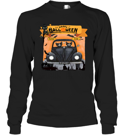 Happy Halloween Couple Cats Friends ( Customized Name ) Long Sleeve T-Shirt Long Sleeve T-Shirt Black