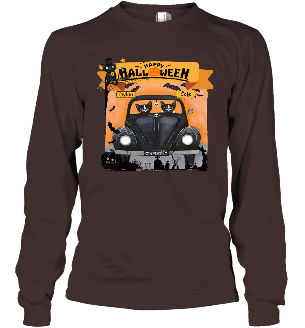 Happy Halloween Couple Cats Friends ( Customized Name ) Long Sleeve T-Shirt Long Sleeve T-Shirt Dark Chocolate