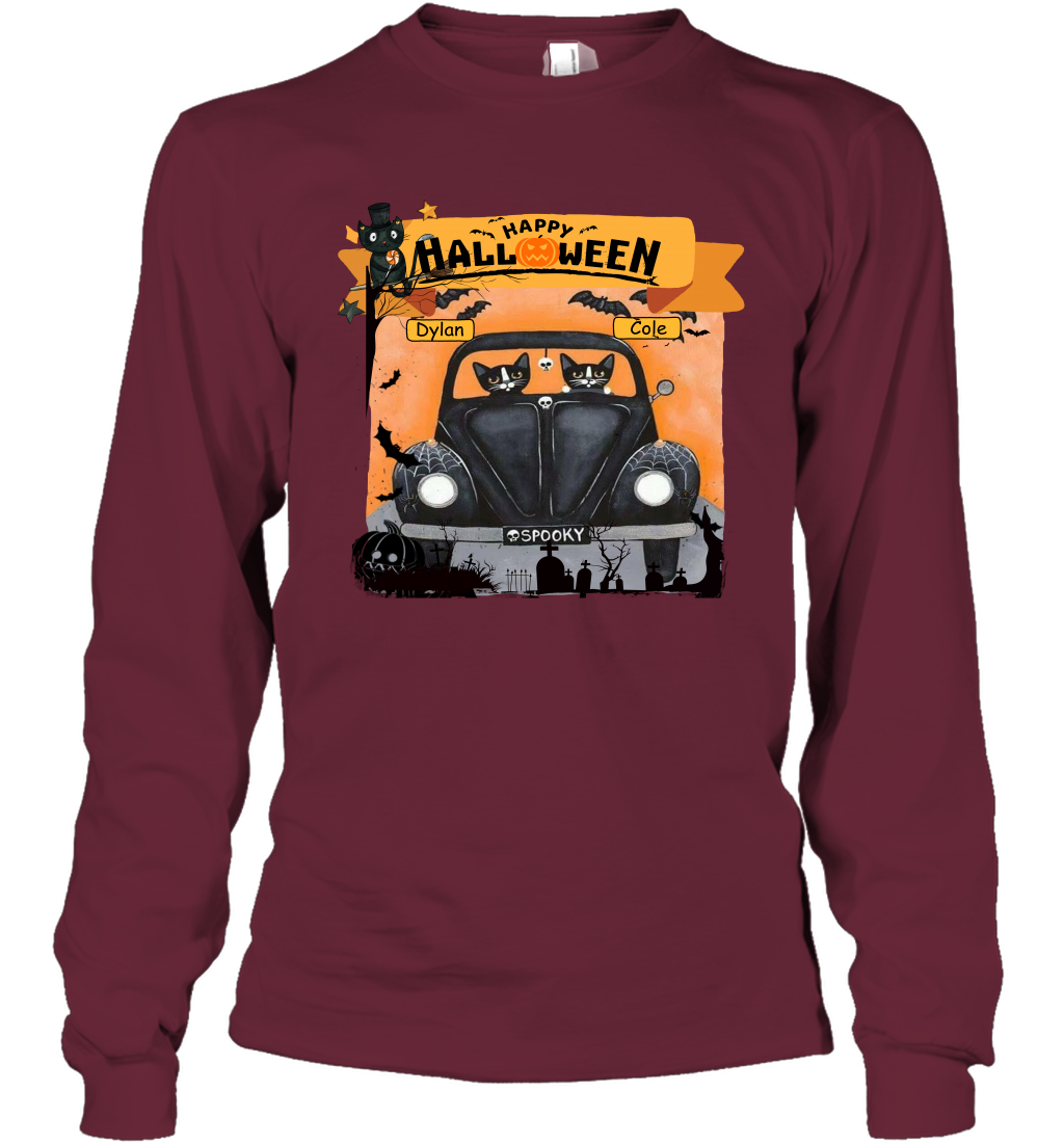 Happy Halloween Couple Cats Friends ( Customized Name ) Long Sleeve T-Shirt Long Sleeve T-Shirt Maroon