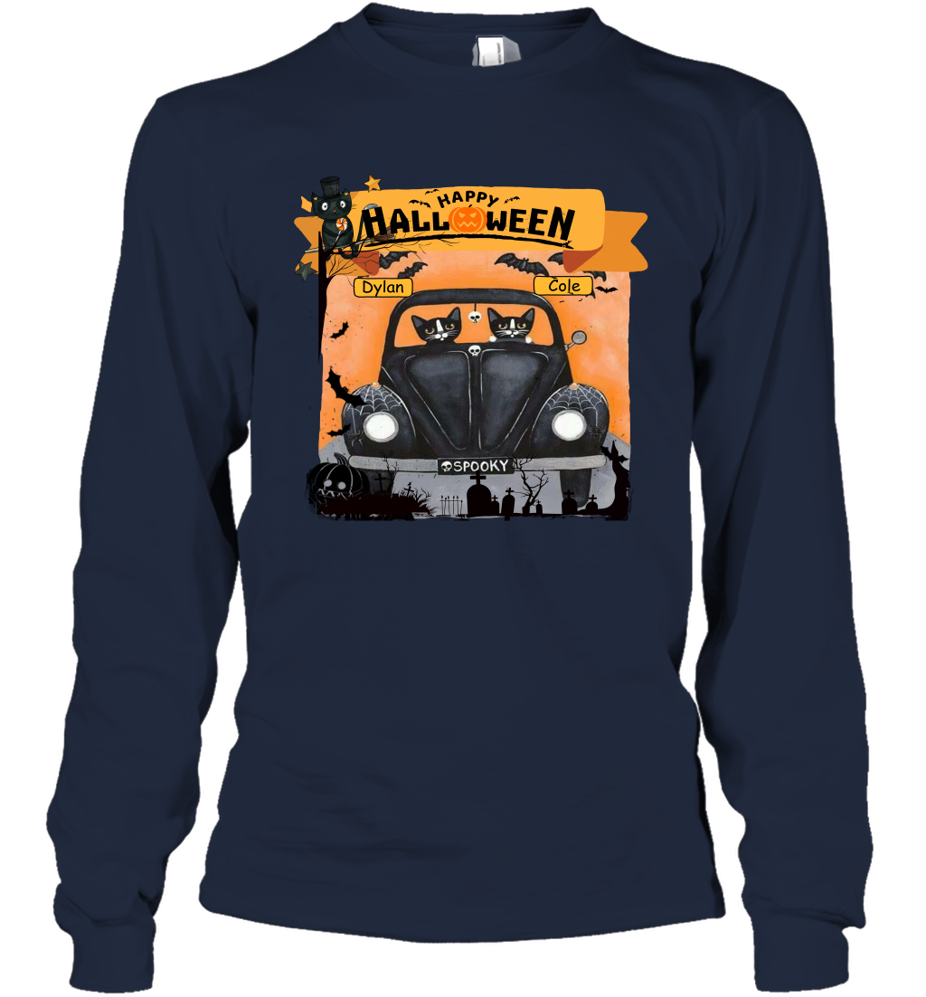 Happy Halloween Couple Cats Friends ( Customized Name ) Long Sleeve T-Shirt Long Sleeve T-Shirt Navy