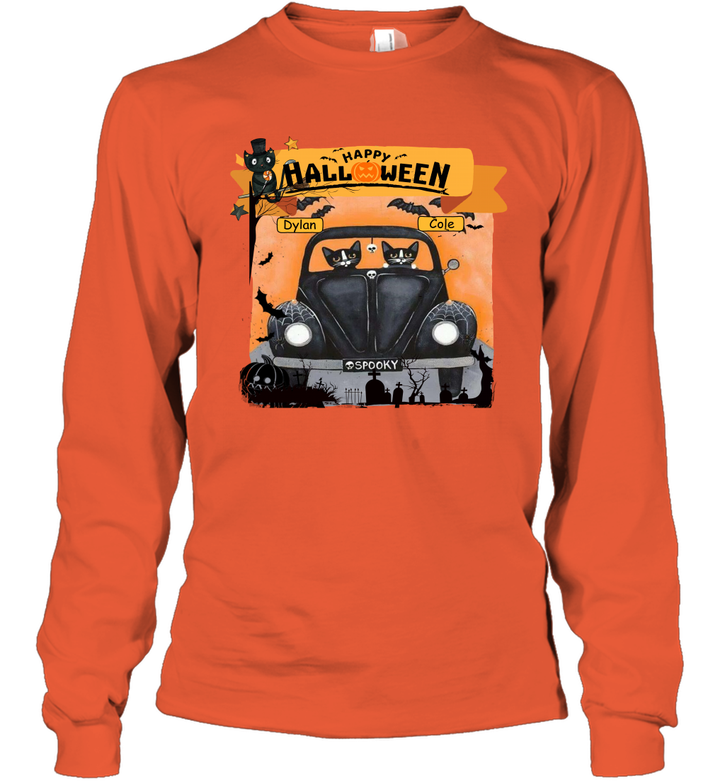Happy Halloween Couple Cats Friends ( Customized Name ) Long Sleeve T-Shirt Long Sleeve T-Shirt Orange