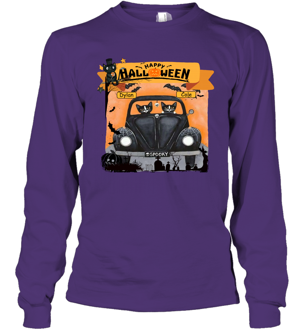 Happy Halloween Couple Cats Friends ( Customized Name ) Long Sleeve T-Shirt Long Sleeve T-Shirt Purple