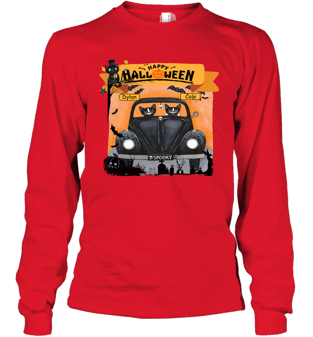 Happy Halloween Couple Cats Friends ( Customized Name ) Long Sleeve T-Shirt Long Sleeve T-Shirt Red