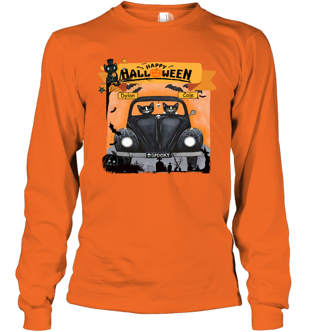 Happy Halloween Couple Cats Friends ( Customized Name ) Long Sleeve T-Shirt Long Sleeve T-Shirt S. Orange
