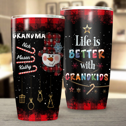 Personalized Life Is Better With Grandkids Winter Christmas Snowman Tumbler For Grandma