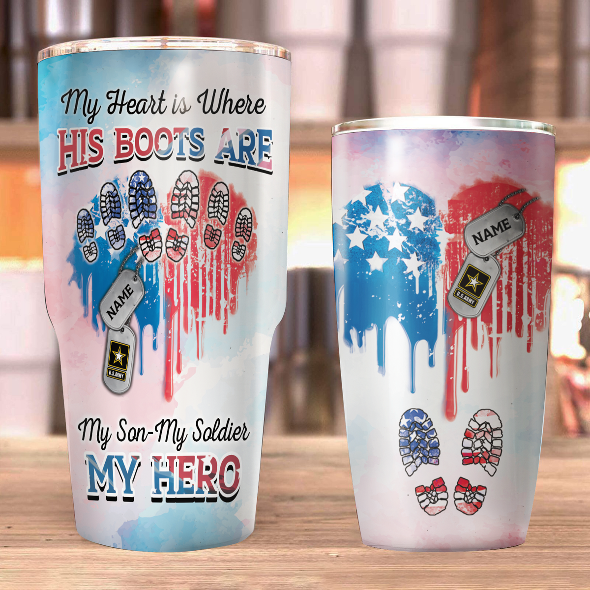 Personalized My Heart Is Where His Boots Are My Son My Soldier My Hero Heart American Flag Family Member Tumbler