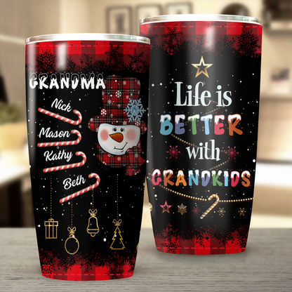 Personalized Life Is Better With Grandkids Winter Christmas Snowman Tumbler For Grandma