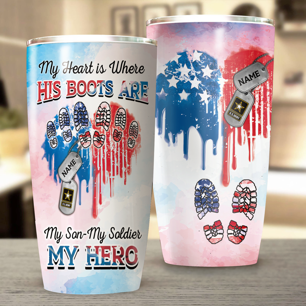 Personalized My Heart Is Where His Boots Are My Son My Soldier My Hero Heart American Flag Family Member Tumbler