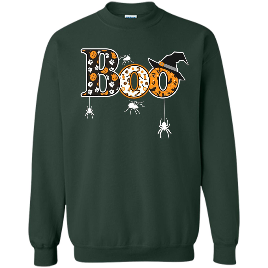 Boo Halloween T-Shirt With Spiders And Witch Hat Forest Green
