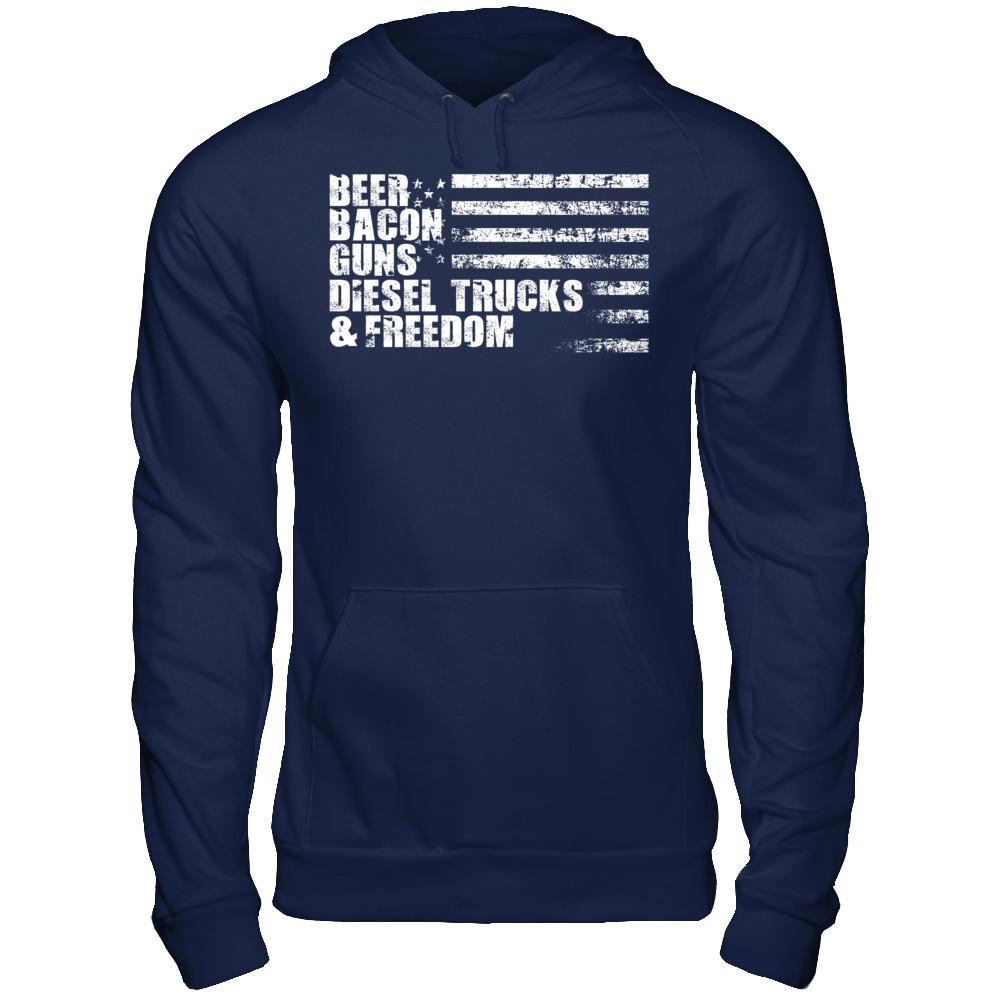 Beer, Bacon, Guns, Diesel Trucks & Freedom T-shirt Gildan - Pullover Hoodie Navy