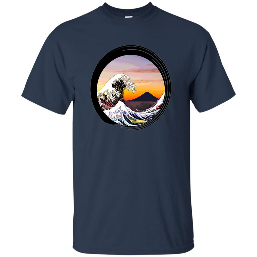 Classic Japanese Zen Art T-shirt, Kanagawa Great Wave Enso Navy