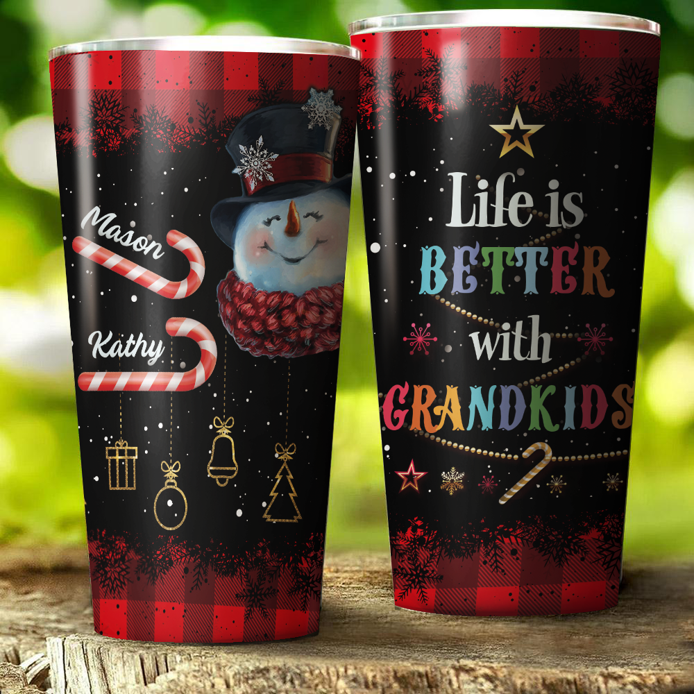 Personalized Life Is Better With Grandkids Winter Christmas Snowman Tumbler For Grandma
