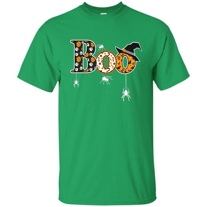 Boo Halloween T-Shirt With Spiders And Witch Hat Irish Green