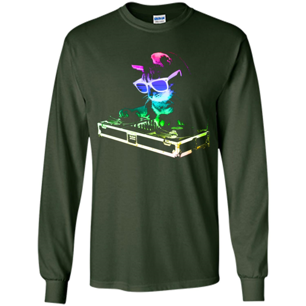Cat Lover T-shirt House Cat Rainbow DJ Kitty Forest Green
