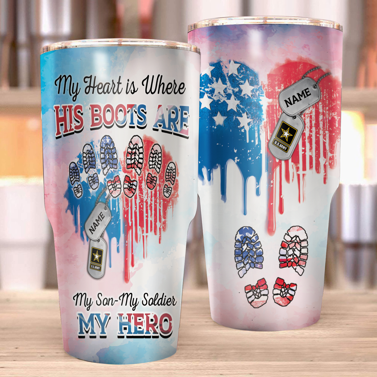 Personalized My Heart Is Where His Boots Are My Son My Soldier My Hero Heart American Flag Family Member Tumbler