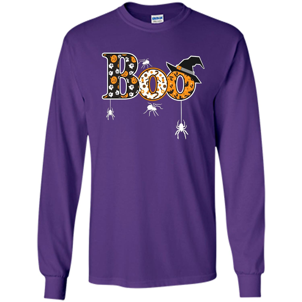 Boo Halloween T-Shirt With Spiders And Witch Hat Purple