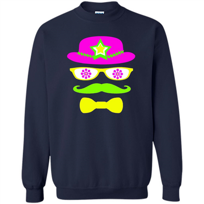 Neon Party Hat, Glasses, Mustache, Tie Theme Party T-shirt Navy