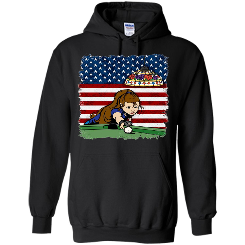 Female Pool Player on American Flag Patriotic T-shirt Black