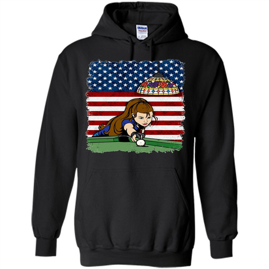 Female Pool Player on American Flag Patriotic T-shirt Black