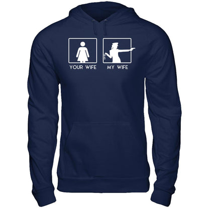Your Wife - My Wife Loves Shooting Gildan - Pullover Hoodie Navy