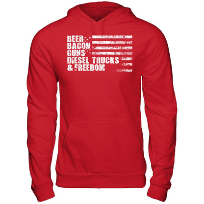 Beer, Bacon, Guns, Diesel Trucks & Freedom T-shirt Gildan - Pullover Hoodie Red