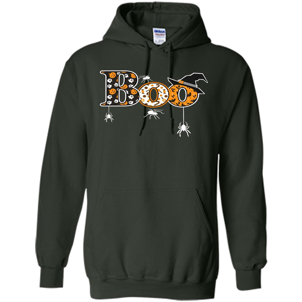 Boo Halloween T-Shirt With Spiders And Witch Hat Forest Green
