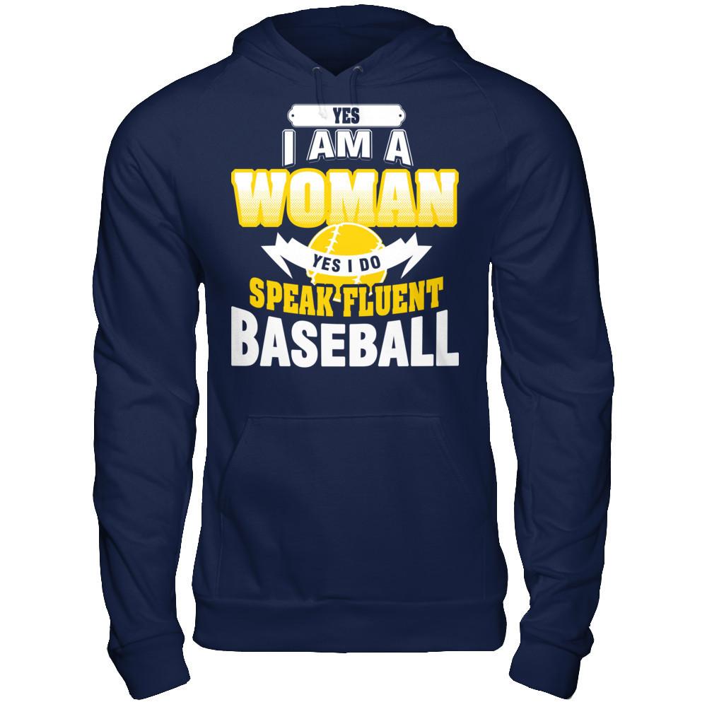 Yes I Am A Woman Yes I Do Speak Fluent Baseball Gildan - Pullover Hoodie Navy