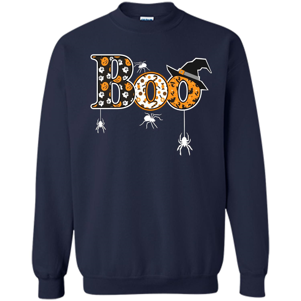 Boo Halloween T-Shirt With Spiders And Witch Hat Navy