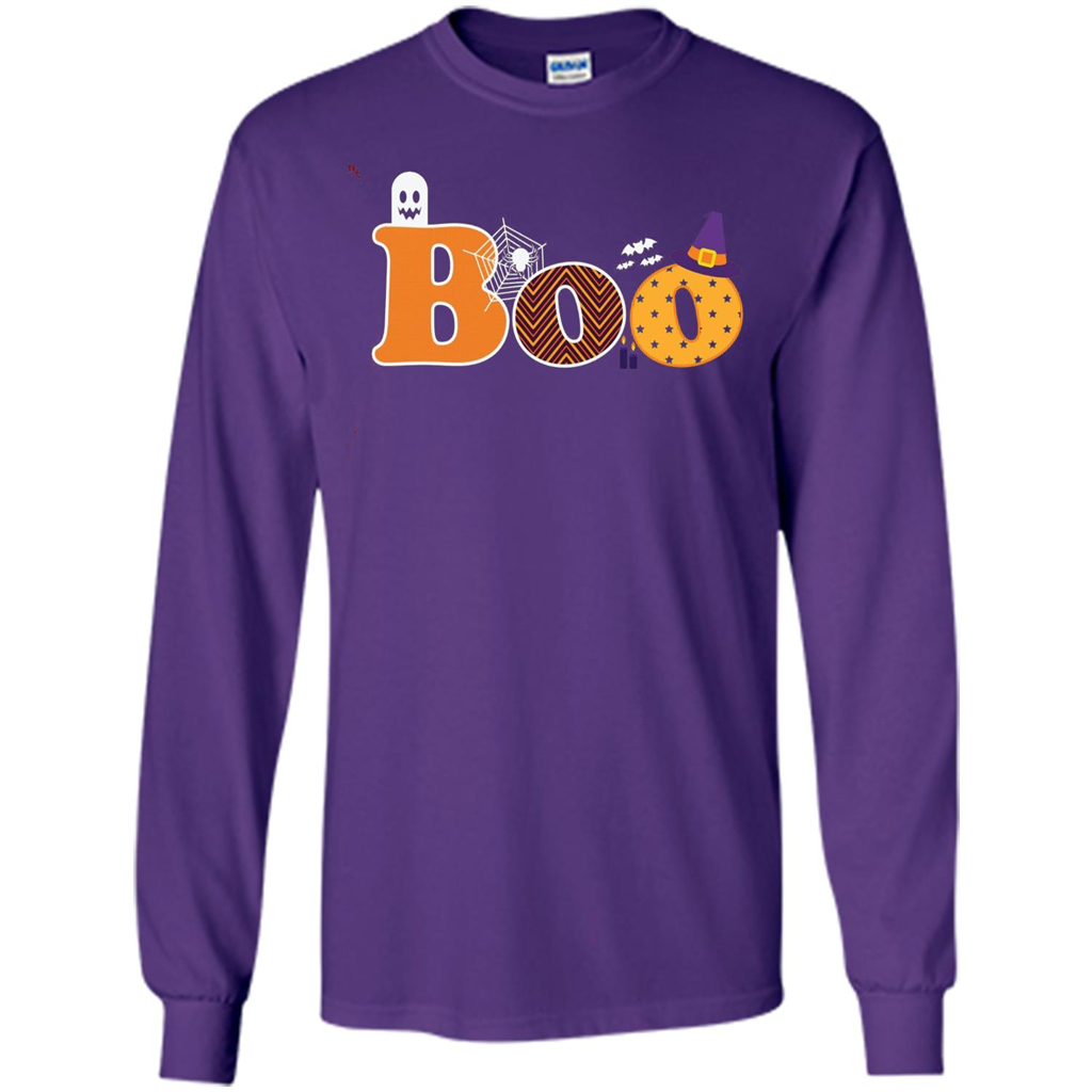 Boo Halloween T-Shirt With Ghost, Spider, Bat and Witch Hat Purple