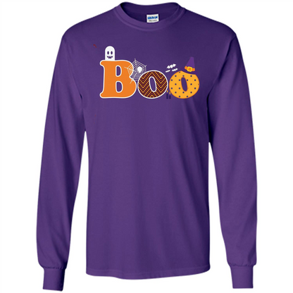Boo Halloween T-Shirt With Ghost, Spider, Bat and Witch Hat Purple