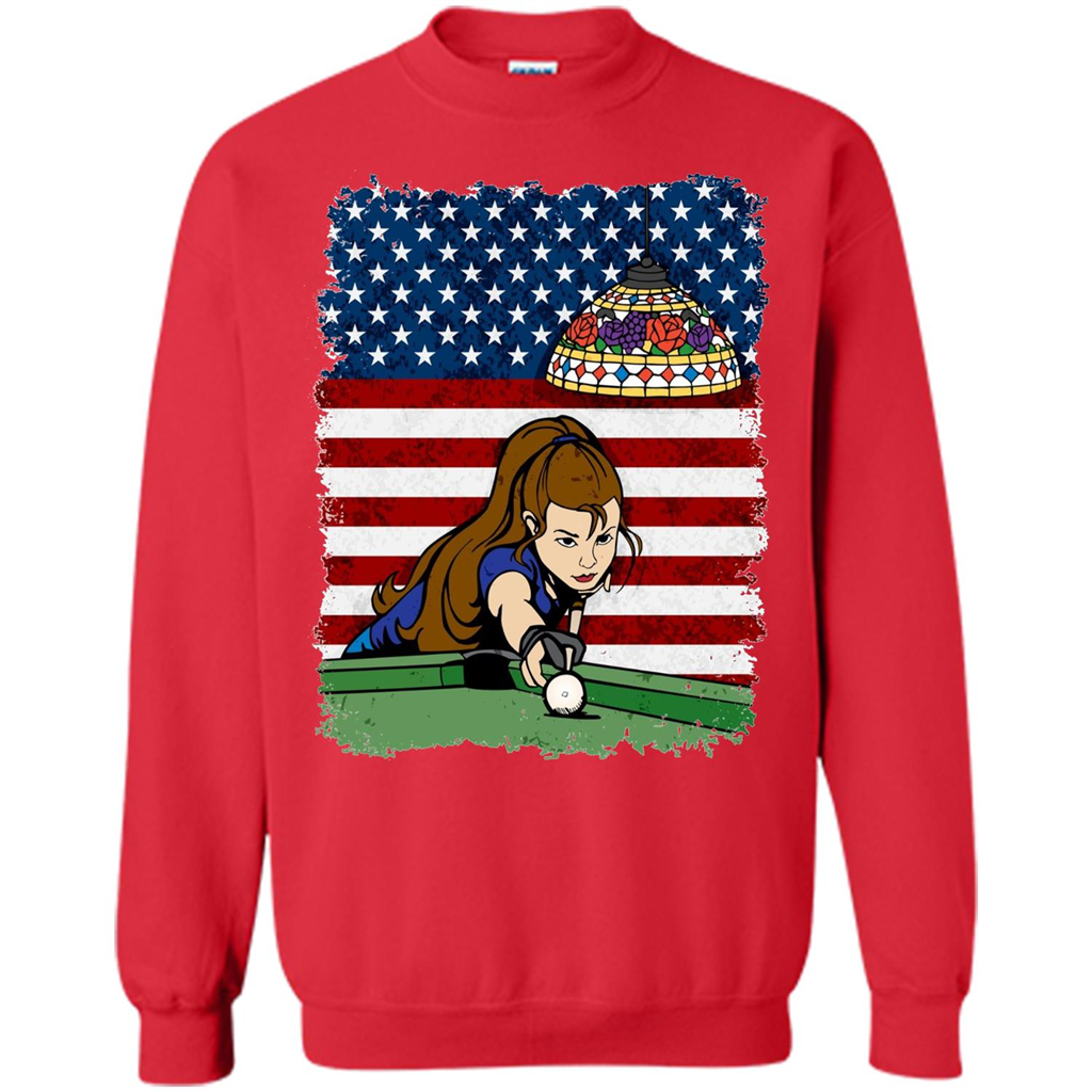 Female Pool Player on American Flag Patriotic T-shirt Red