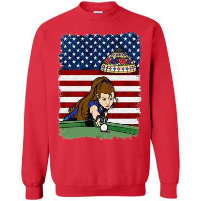 Female Pool Player on American Flag Patriotic T-shirt Red