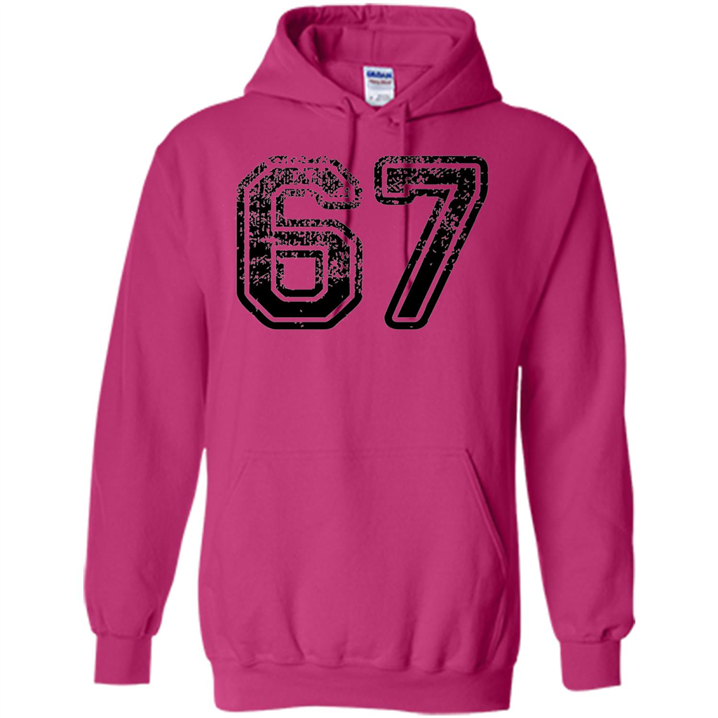 Number 67 T-shirt - Grungy Sports Team T-shirt Heliconia