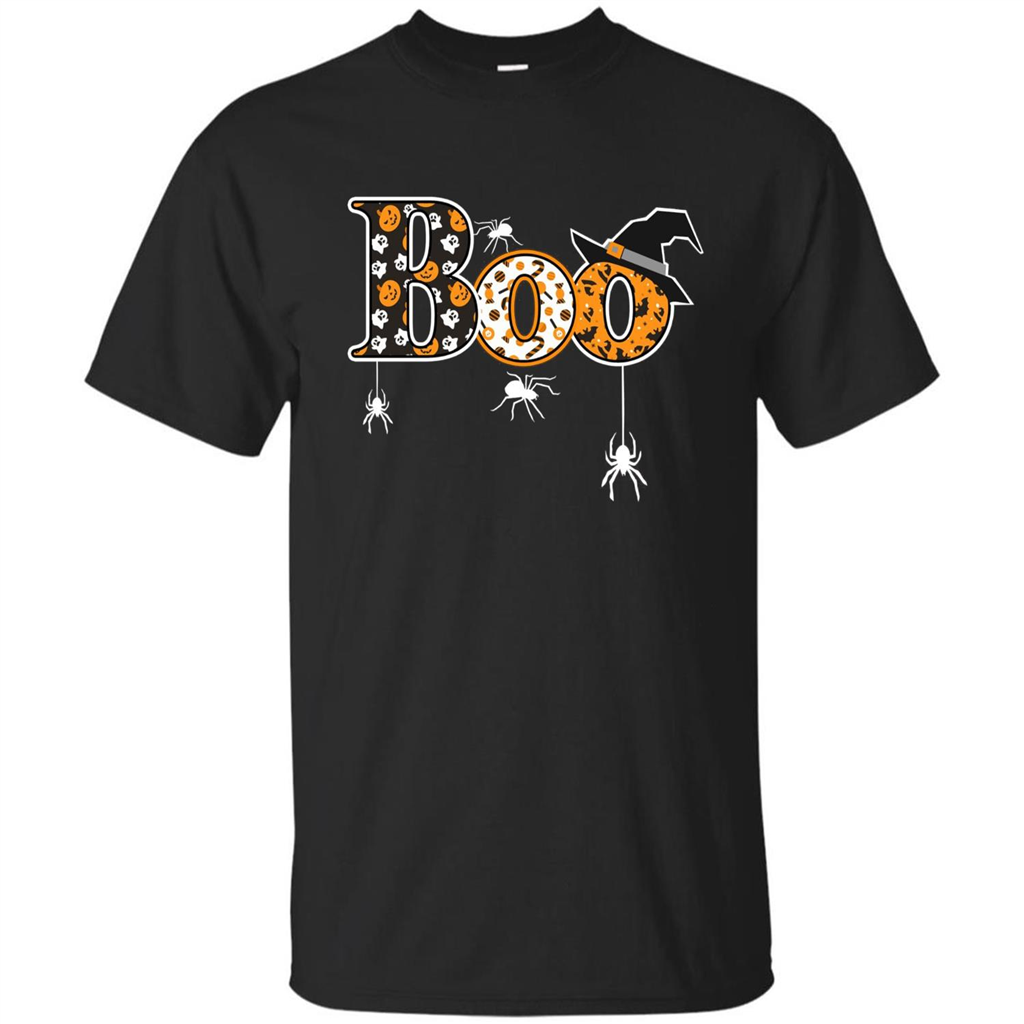 Boo Halloween T-Shirt With Spiders And Witch Hat Black