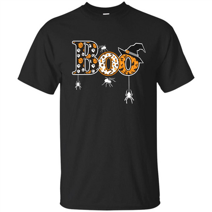 Boo Halloween T-Shirt With Spiders And Witch Hat Black