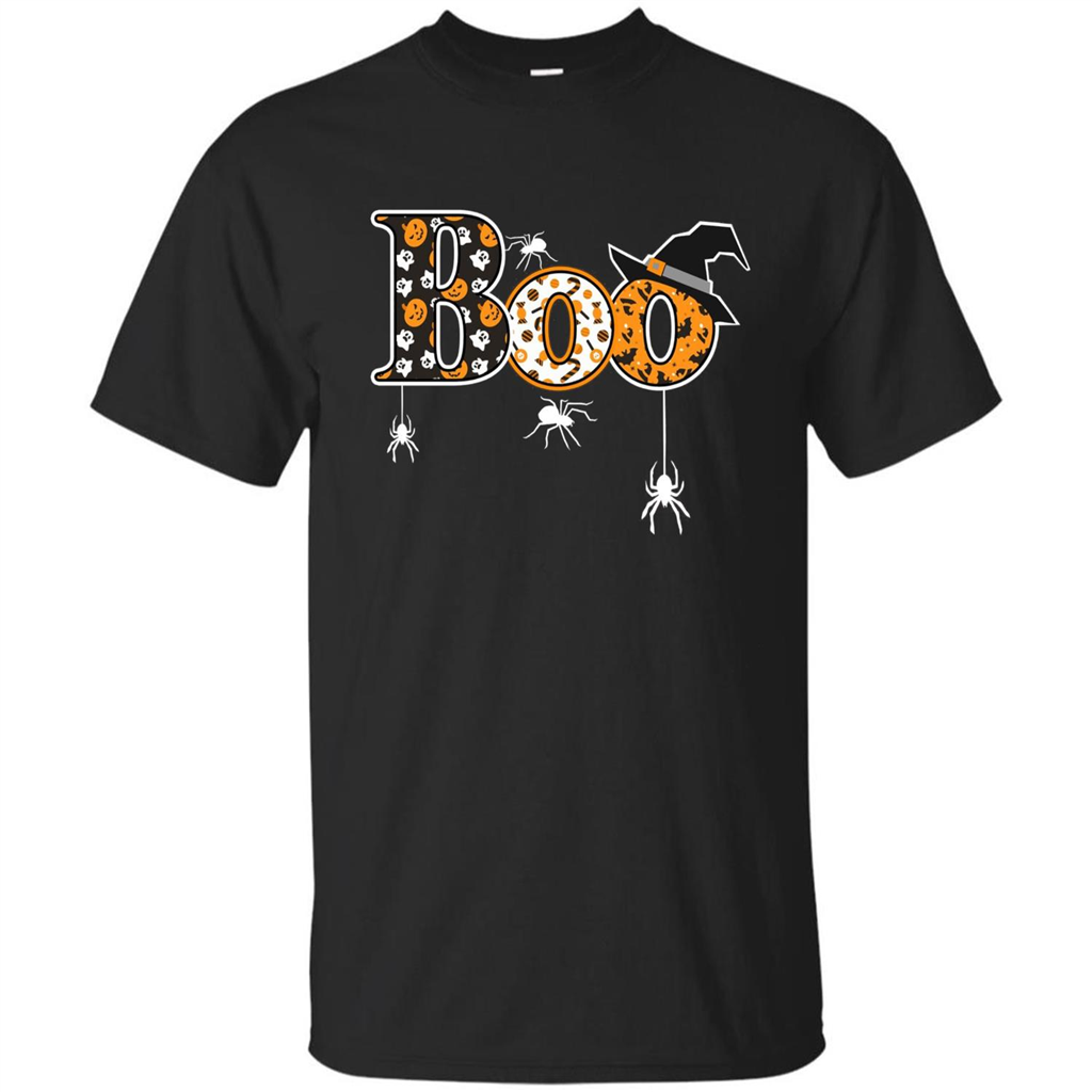 Boo Halloween T-Shirt With Spiders And Witch Hat