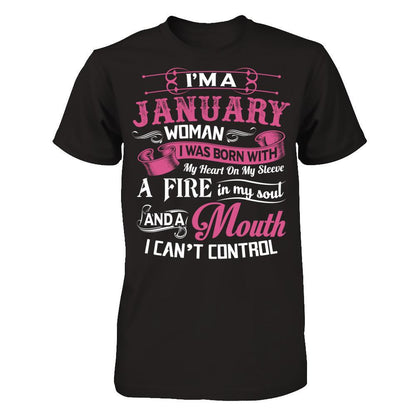 I Am A January Woman I Was Born With My Heart On My Sleeve Gildan - Short Sleeve Tee Black