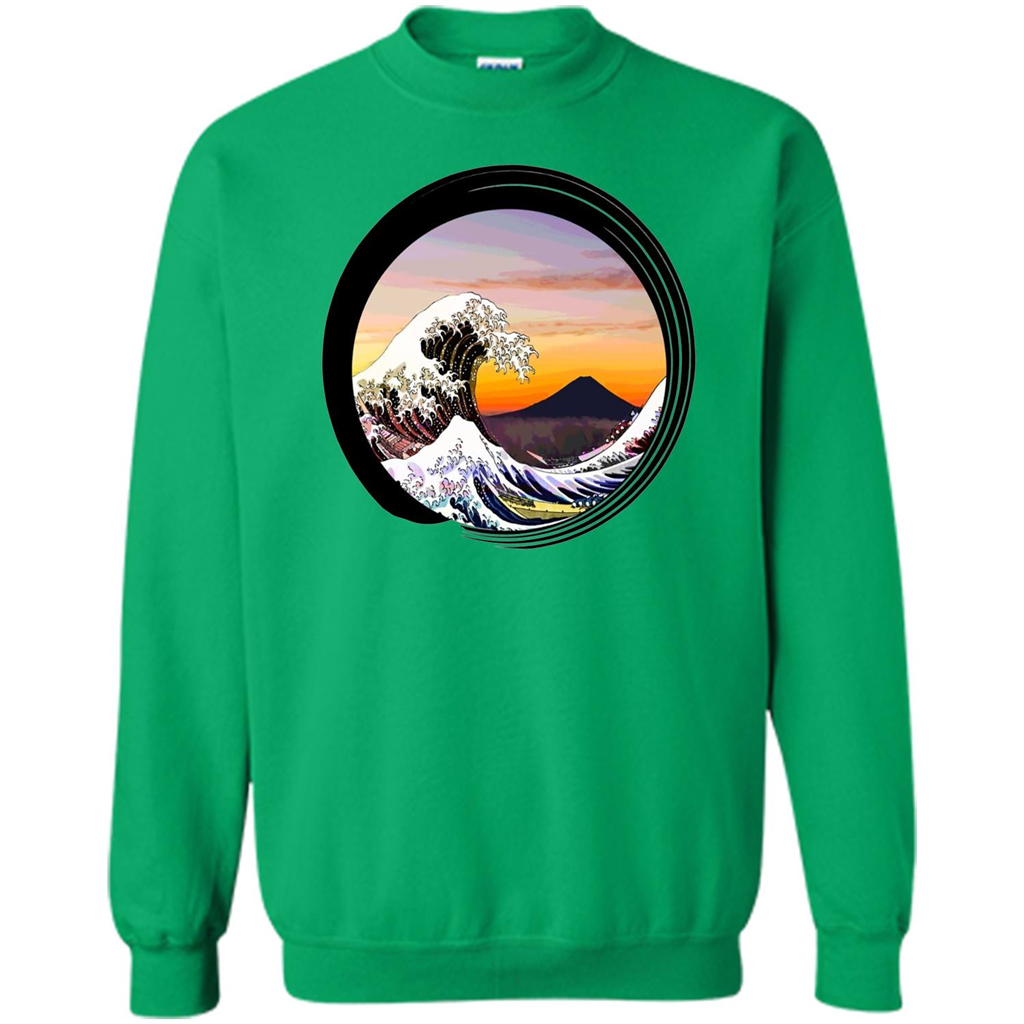 Classic Japanese Zen Art T-shirt, Kanagawa Great Wave Enso Irish Green