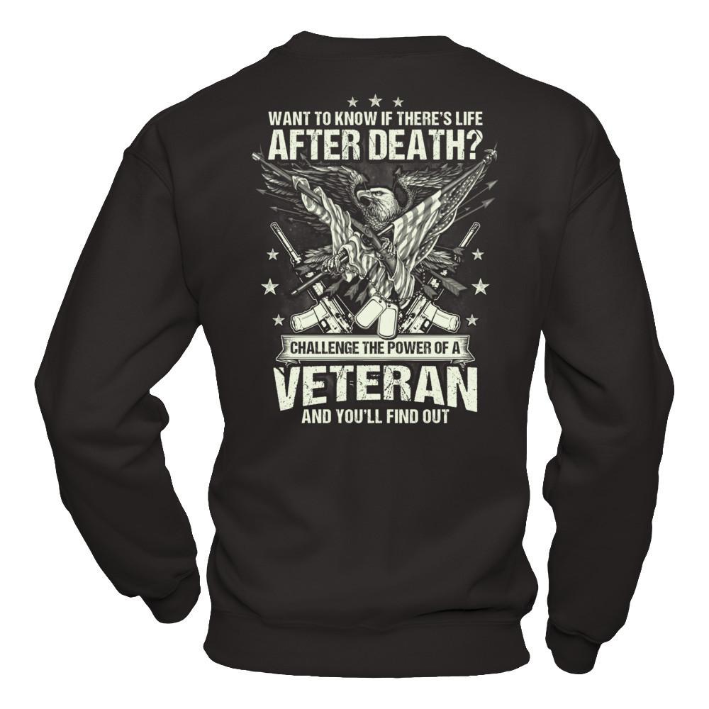 Want To Know If There's Life After Death - Challenge The Power Of A Veteran And You'll Find Out T-shirt Gildan - Pullover Sweatshirt Black