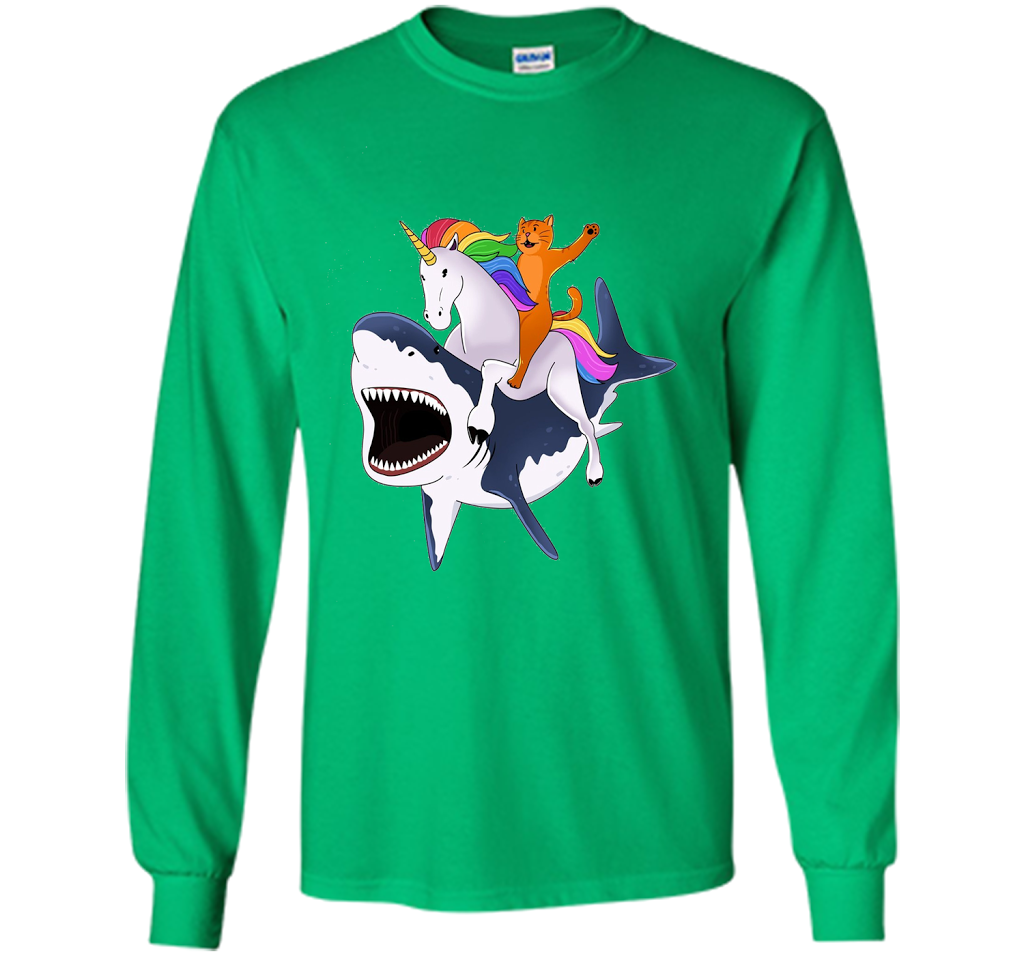 Cat Riding Unicorn Riding Shark T-shirt Irish Green