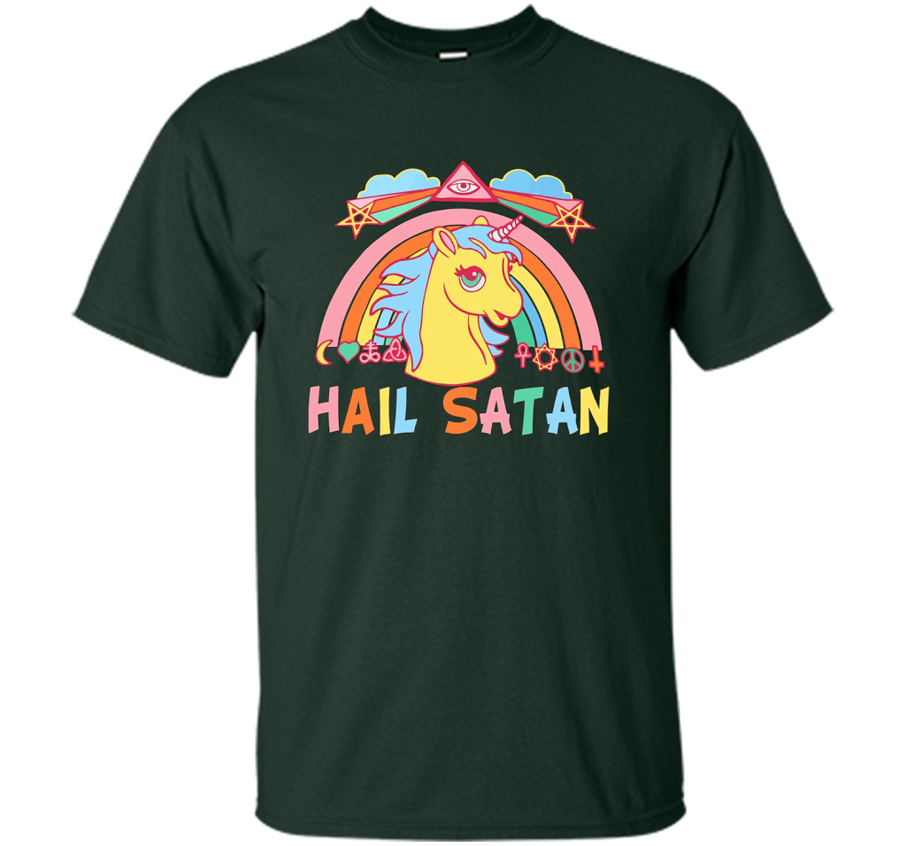Unicorn Hail Satan Death Metal Rainbown T-shirt Forest Green
