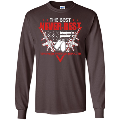 Military T-shirt RED The Best Never Rest Remember Everyone Deployed Dark Chocolate