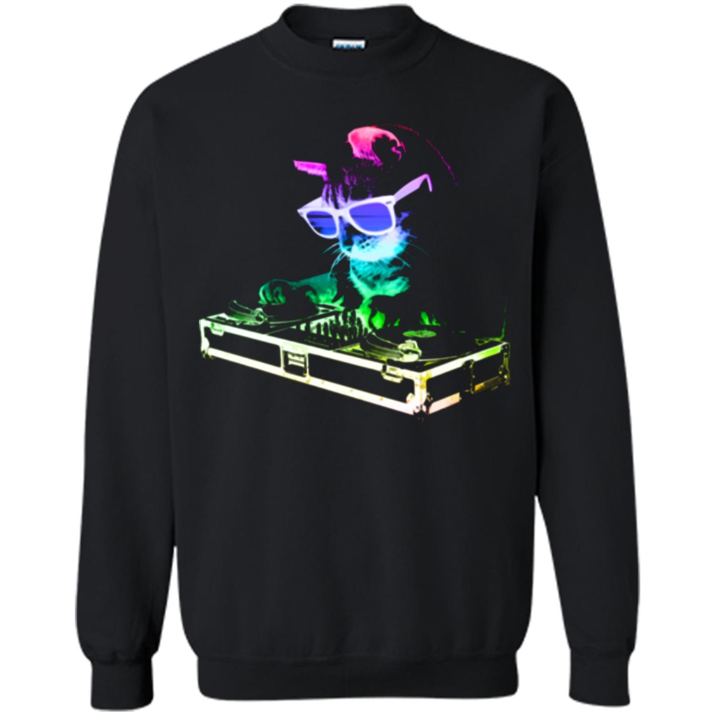 Cat Lover T-shirt House Cat Rainbow DJ Kitty Black
