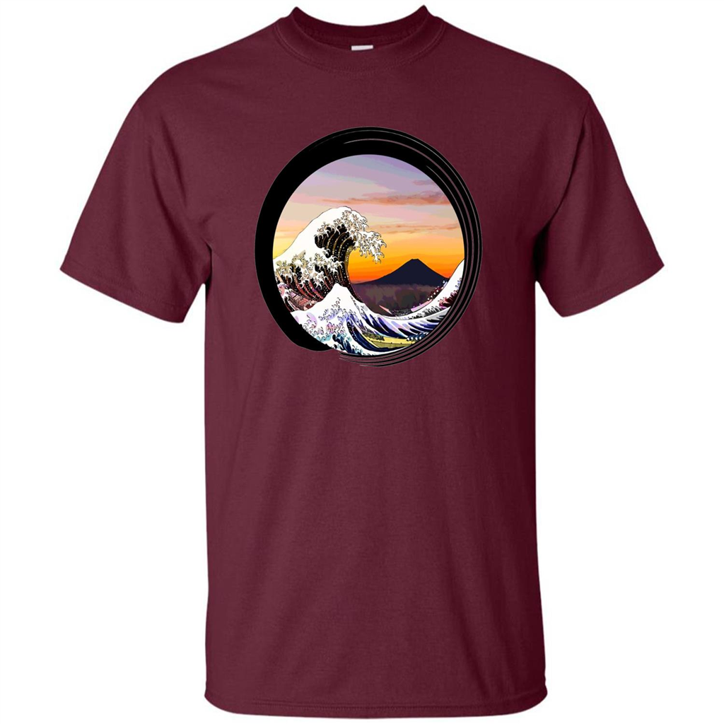 Classic Japanese Zen Art T-shirt, Kanagawa Great Wave Enso Maroon