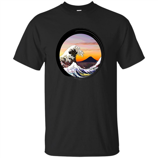 Classic Japanese Zen Art T-shirt, Kanagawa Great Wave Enso Black