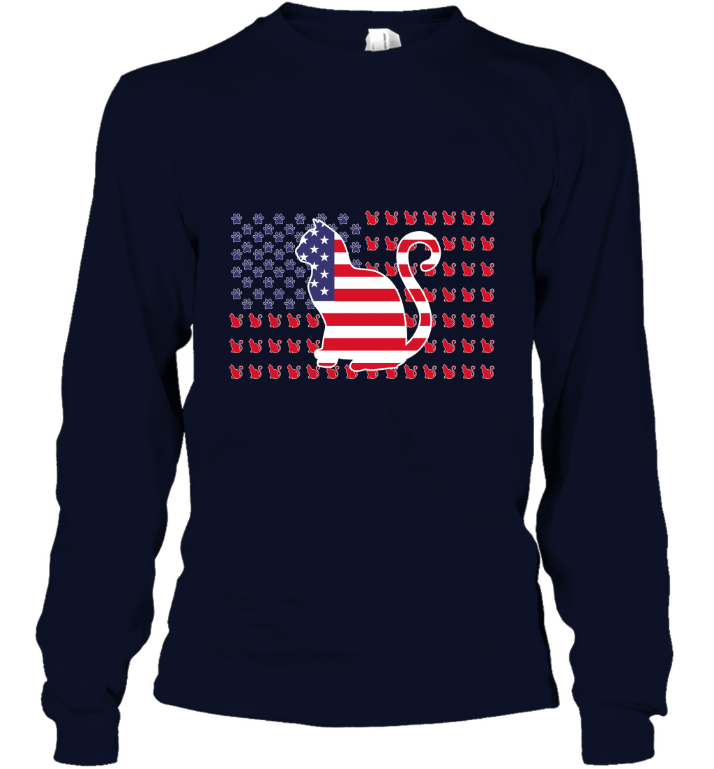 American Flag Cats Lovers Shirt Long Sleeve T-Shirt Navy