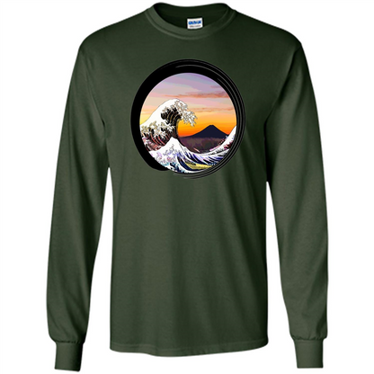 Classic Japanese Zen Art T-shirt, Kanagawa Great Wave Enso Forest Green