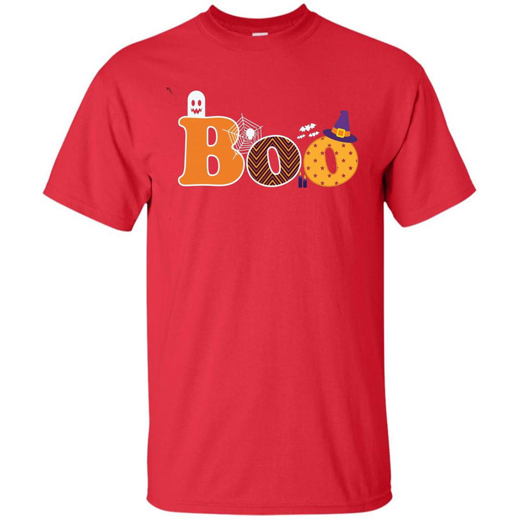 Boo Halloween T-Shirt With Ghost, Spider, Bat and Witch Hat Red